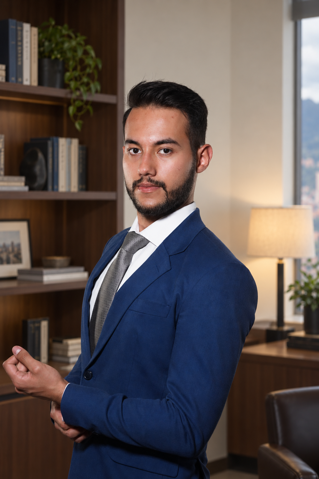 Martín Esteban González Núñez en una oficina con biblioteca